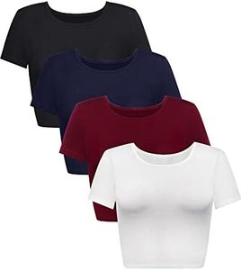 4 Pack Women's Basic Tight Short Sleeve Women Cute Trendy Crop Tops Scoop Neck Crop for Women or Teen Girls, Black, White, Navy Blue, Claret, X-Large