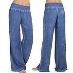 AMhomely Women's Straight Leg Pull On Trousers Ladies Pants Slacks Full Length Jeans Sale Clearance Women Casual High Waist Elasticity Denim Wide Leg Palazzo Pants Jeans Trousers 4248