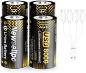 Newsellpo Rechargeable D Batteries Lithium 4 Pack, 1.5V 8000mWh High Capacity Li-ion D Cell / LR20 Battery D Size with 4 in 1 USB-C Charging Cable for Flashlight, Toys, Water Heater, Gas Stove
