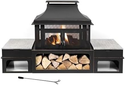 Deko Living Rimasco 80-Inch Metal Wood Burner Fireplace with Side Storage Tables - Wood Burning Fire Pit for Home - Smokeless Patio Fire Pit - Outdoor