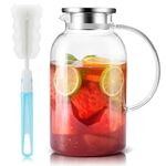 SUSTEAS 2.5 Liter 75oz Water Jugs with Lids, Easy Clean Heat Resistant Glass Jug with Handle for Hot/Cold Beverages - Water, Cold Brew, Iced Tea & Juice, 1 Long-Handled Brush Included