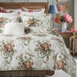 FADFAY Shabby Vintage Rose Bedding 7 Pieces Duvet Cover Queen Floral Bed Sheets Cotton Off White Duvet Covers Deep Pocket Sheets Flower Pattern Bed in a Bag Soft Complete Bedding Set