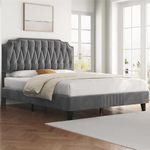 Yaheetech 4ft6 Double Bed Frame Upholstered Platform Bed with Adjustable Button Tufted Headboard/Velvet Fabric/Sturdy Wooden Slat Support/No Box Spring Needed, Dark Grey Double Bed