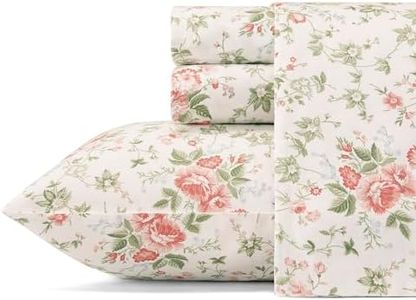 Laura Ashley - Queen Sheets, Soft Sateen Cotton Bedding Set - Sleek, Smooth, & Breathable Home Decor (Lilian Coral, Queen)