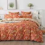 FADFAY Paisley Duvet Cover Set Queen Bohemian Damask Paisley Bedding Luxurious Orange Boho Paisley Comforter Cover Set 100% Cotton Ultra Soft Quilt Cover with Hidden Zipper Closure 3Pcs, Queen Size