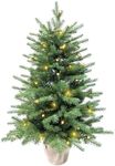 Pre-lit Mini Christmas Tree 90cm/3ft,190 Branches Tips Artificial Pine Xmas Tree with LED Lights & Burlap Wrapped Base Decorate for Tabletop