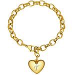 T Initial Polished Heart Charm Bracelet, 18K Gold Plated Jewerly Gifts, A-Z 26 Letters Alphabet Chain Link For Women