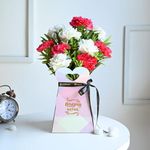 FlowerAura Fresh Flower Bouquet Gift 6 Pink Carnations & 6 White Roses Flowers Bouquet In "I You Mom" Printed Box Gift's For & Mom's Birthday (Same Day Delivery)