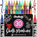 Liquid Chalk Pens (30 Pack 6mm) Pastel + Neon Chalk Markers - Erasable Dry Erase Pen for Blackboards, Chalkboard, Window, Glass - 6mm Reversible Bullet & Chisel Tip