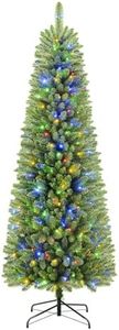 SHareconn 6FT Artificial Slim Pencil Christmas Tree, Pencil Xmas Tree With 635 Branches Tips, 240 Warm White & Multicolor Lights and Foldable Metal Stand, Christmas Decorations for Home, Green