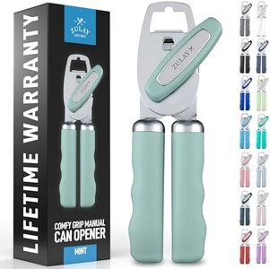 Zulay Kitchen Heavy Duty Stainless Steel Can Opener Manual with Bottle Opener - Rust Proof Manual Can Opener With Turn Knob & Comfy Soft Grip Handles - Mint