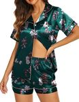 Ekouaer Womens Satin Silk Pajama Set Short Sleeve Button Up Top and Shorts Pjs Sleepwear 2 Piece Lounge Set,Small,Fl1-Green