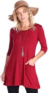 Popana Womens 3/4 Sleeve Tunic Top with Pockets for Leggings Made in USA Large Burgundy