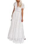 MEROKEETY Women's V Neck Short Sleeve Floral Lace Wedding Dress Bridesmaid Cocktail Party Maxi Dress, White, XX-Large