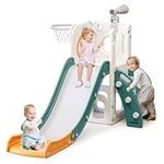 YUYUE 7 in 1 Toddler Slide for Toddlers Age 1-3, Extra-Long Slide with Basketball Hoop Indoor and Outdoor Baby Climber Playset Playground Freestanding Slide (White+Orange)