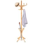CASART Wood Coat Rack, Freestanding Clothes Stand with 12 Hooks and Umbrella Holder, 186cm Tall Hall Tree for Home Office Hallway Bedroom (Oak)