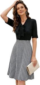 oxiuly Women's Vintage Bow Tie V-Neck Pockets Casual Work Party Cocktail Swing A-line Dresses OX278 (M, BK-Gird)