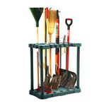 2 Tier Garden Tool Holder Heavy Duty Garden Tools Storage Multi Tool Portable Organiser Tidy with Wheels for Sheds Garages & Outdoors Freestanding Holder for Rakes Shovels Brooms 84 x 75 x 35cm GREEN