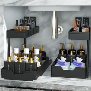 2Pack Under Sink Organizer Storage Pull Out Cabinet Organizer 2-Tier Slide Out Sliding Shelf Under Cabinet Storage Multi-Use for Under Kitchen Bathroom Sink Organizers