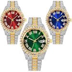 CdyBox 3 Pack Luxury Men Hip Hop Watch with Roman Scale Calendar Diamond Wrist Watch Stainless Steel Watches