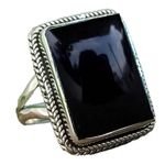 Solid 925 Sterling Silver Rectangle Gemstone Unique Hammered Statement Ring For Women/Girls, Handmade Christmas Gifts Ideas (black-onyx)