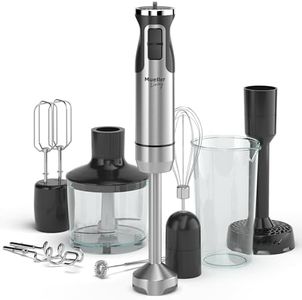 MuellerLiving Immersion Hand Blender Full Set - 8 Speed Immersion Blender, Hand Mixer with 7 Attachments: Stainless Steel Blade, Whisk, Milk Frother, Beater, Mixing Hooks, Potato Masher, Chopper Bowl