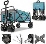 Sekey Folding Wagon with 220LBS Large Capacity,Duty Beach Wagon Cart on Big All-terrain Wheels with Brake, Collapsible Trolley Cart with Adjustable Handle & Drink Holders.Light Blue.