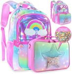 Decorably Backpack with Lunch Bag for Kids - 2Pc Set Sequined Holographic Rainbow Girls Backpack with Lunch Box Star PVC, Kids Backpacks for Girls, Kindergarten Backpack for Girls Rainbow Backpack Set