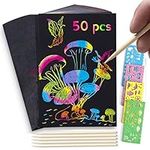 Scratch Art Paper For Kids, 50 Pcs Rainbow Scratch Notes Paper Arts Set Black Doodle Pads with 4 Stencils 5 Wooden Stylus for Party Game Easter Presents Birthday Gift Party bag filling (5.1'' x 7.4'')