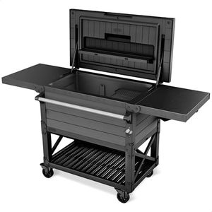 Keter KET-252172 89.8 Quart Outdoor Rolling Patio Cooler and Insulated Beverage Cart with Fold Down Glass Shelf and Built in Bottle Opener, Gray