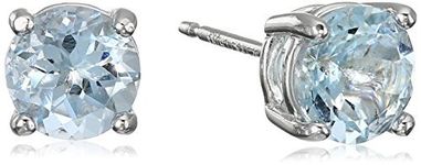 Amazon Essentials Sterling Silver Round Aquamarine Birthstone Stud Earrings (March)