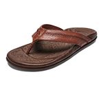 OluKai Hiapo Men's Beach Sandals, Full-Grain Leather Flip-Flop Slides, Compression Molded Footbed & Comfort Fit, Enhanced Grip Soles, Rum/Dark Wood, 13