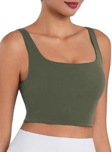 Sunzel Square Neck Longline Sports Bra for Women, Padded Yoga Workout Crop Tank Top, Wide Strap Built-in Bra for Pilates Gym Forest Night