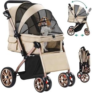 YITAHOME Foldable Dog Stroller for Small Dogs, Pet Buggy with Reversible Handle, Mesh Windows, Cup Holder, 360° Rotating EVA Wheels with Brakes (Khaki)
