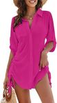 Blooming Jelly Womens Bathing Suit Cover Ups Bikini Swimsuit Coverup Drawstring Button Down Beach Dress Shirt(X-Small, Bright Pink)