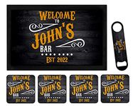 Personalised Bar Runner Mat Matching Set Any Name Bar Blade Opener & 4 Coasters Custom Beer Gifts For Pubs Home Bar Novelty Accessories For Dad Father's Day Mens Man Cave Wood Effect