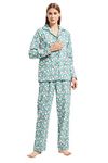 GLOBAL Women's Pyjama Sets 100% Cotton Flannel Ladies PJs Button Front Top Drawstring Bottoms Green Pink Flowers,L