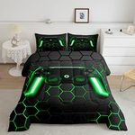 Game Bedding Sets for Boys,Gaming Comforter Set Twin,Kids Gamer Duvet Set Neon Lights Gamepad Bed Set for Teen Men Bedroom,Geometry Honeycomb Hexagon Comforter with 1 Pillow Sham,Green Grey