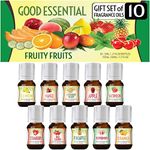 Good Essential Fruity Fruits Fragrance Oil Set Pack of 10-5ml Set - Strawberry, Apple, Watermelon, Pineapple, Cucumber Melon, Red Cherry, Mango, Peppermint, Lemon, & Orange - Candle Fragrance Oil