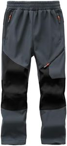 Buyboxs Kids Snow Pants Boys Waterproof Ski Pants Youth Winter Warm Fleece Lined Hiking Trousers Softshell Snowpants Dark Grey+Black-L