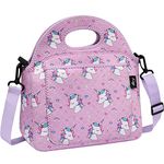 Kasgo Lunch Box Bag, Lightweight Kids Lunch Bag Neoprene Toddler Lunch Bag Girls Snack Tote Bag with Front Pocket and Detachable Shoulder Strap for School Picnic Travel (Purple Unicorn)