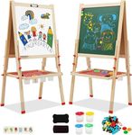 Nukdey Kids Easel Wooden Art Easel Double Sided Easel with Whiteboard Chalkboard Height Adjustable Standing Toddler Easel with Painting Accessories Education Gift for Boys Girls