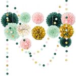 AOBKIAT Wedding Birthday Party Decorations Set,15PCS Sage Green Pink Tissue Paper Pompoms Circle Dots Paper Garland String Hanging Backdrop for Baby Shower, Boho Bridal Wedding Theme Decor