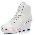 Padgene Women's Canvas Wedge Trainers Ladies Lace Up Side Zip High Top Ankle Boots Sneaker Pump Sport Shoes White