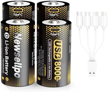 Newsellpo Rechargeable D Batteries Lithium 4 Pack, 1.5V 8000mWh High Capacity Li-ion D Cell / LR20 Battery D Size with 4 in 1 USB-C Charging Cable for Flashlight, Toys, Water Heater, Gas Stove
