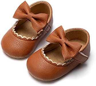 CENCIRILY Infant Baby Girls Mary Jane Flats Non Slip Soft Sole Prewalker Princess Wedding Dress Shoes, A04/Brown, 12-18 Months Toddler