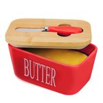 Butter Dish with Lid, Ceramic Butter Keeper with Bamboo Cover & Steel Knife, Porcelain Butter Bowl Holder Container Perfect for Butter West or East Coast Butter,Red