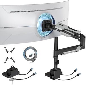 ARES WING Single Monitor Mount with USB, Ultrawide Monitor Arm for 24 to 57 Inch Heavy Duty Curved Screen, Adjustable Gas Spring Monitors Arm Stand up to 66LBS with 75/100/200 Vesa Mount, Black