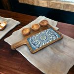 DECOR HOUSE Handmade Mangowood Serving Dish Platter with 3 Bowl Set Multipurpose Appetizer Platter for Cakes and Snacks Wooden Serving Dish Use for Kitchen and Restaurants (15.5 x 10 inch) (Blue)