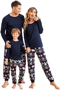 Ekouaer Family Matching Pajamas Christmas Sleepwear Long Sleeve Sleep Shirt with Plaid Pants Soft Loungewear Pjs Set Navy and Polar Bear,Large